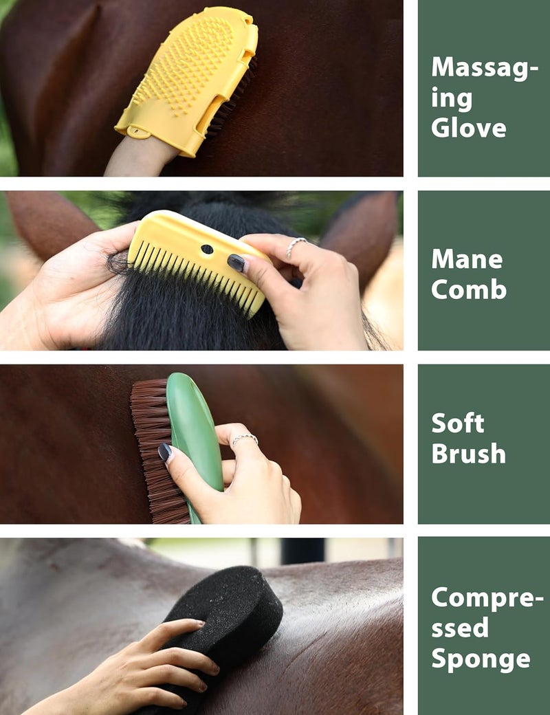 Furrishine 11PCS Horse Grooming Kit Curry Comb Sweat Scraper Horse Bathing Supplies Grooming Tools with Storage Bag Pasture Glow - Image 4